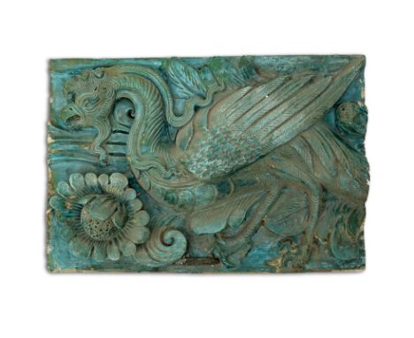 Chinese Ming Dynasty Glazed Pottery Architectural Relief Plaque. Unsigned. Losses, wear. Measures 16" x 23-1/2". Shipping: Th