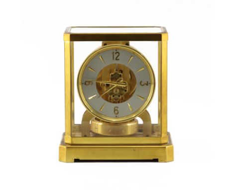 Circa 1960s Jaeger LeCoulture Atmos Mantle Clock. Gold-plated frame with 5 glass panels, marked 15-jewels Switzerland on the 