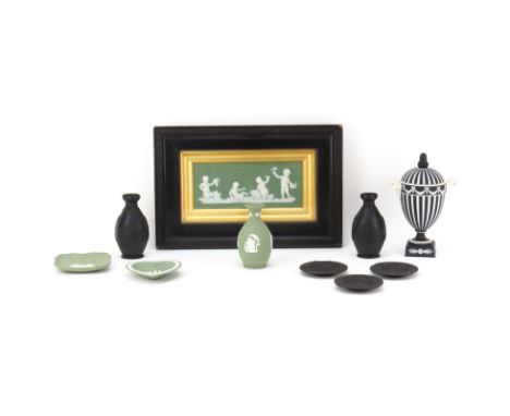 Grouping of Ten (10) Wedgwood Jasperware Items. Includes: framed plaque (10" H x 15" W), three bud vases, three ashtrays, two