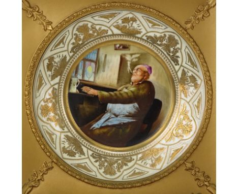 Antique Royal Vienna Gilt Hand Painted Portrait Plate Mounted in Period Frame. Depicts an interior scene of a seated elderly 