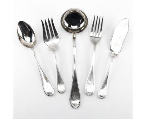 Set of Six (6) Italian Sterling Silver Serving Pieces. Includes serving spoon and fork, ladle, meat fork and fish knife. Sign