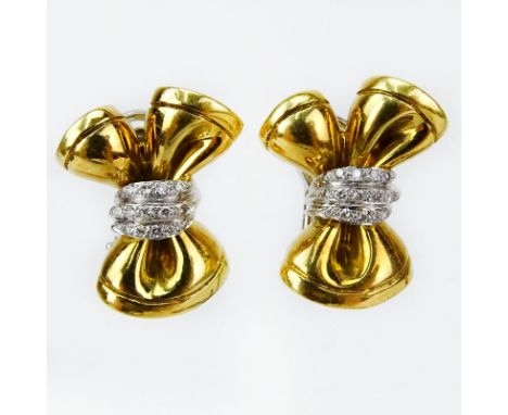 Lady's Vintage Italian 18 Karat Yellow Gold Bow Earrings accented with approx. .50 carat small round cut diamonds. Signed Ita