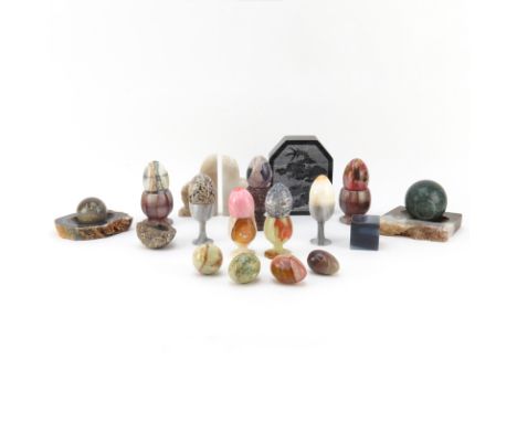 Grouping of Twenty Seven (27) Associated Stone Tabletop Items. Includes: 13 eggs and spheres, 6 holders, 3 bookends, 4 geodes