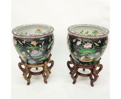 Pair of Vintage Chinese Porcelain Famille Noire Jardiniers/Fish Bowls on Stands. Signed. Good condition. Measures 12" H (with