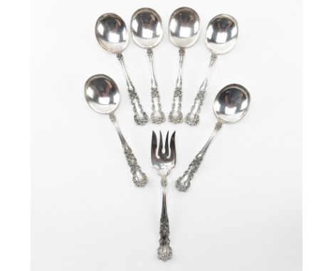 Set of Seven (7) Gorham "Buttercup" Sterling Silver Spoons and Fork. Includes: six gumbo spoons and one pierced chipped beef 