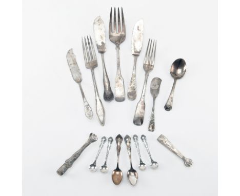 Grouping of Sixteen (16) Sterling Silver Flatware. Includes: three forks, four  butter knives, two sugar tongs, and seven ass
