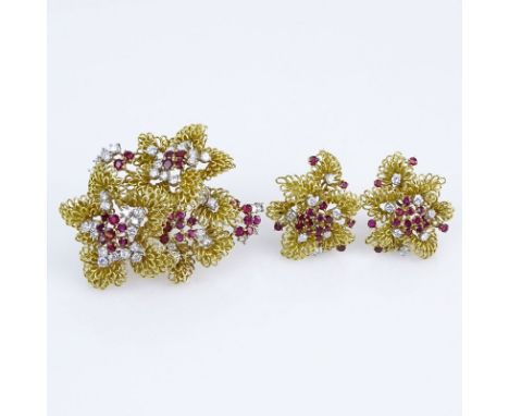Vintage 18 Karat Yellow Gold, Approx. 3.0 Carat Round Brilliant Cut Diamond and Burma Ruby Brooch and Earring Suite. Rubies w