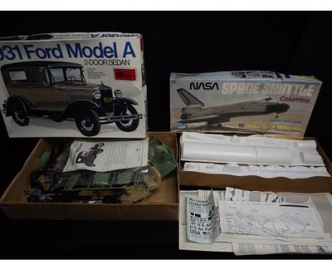 2 x Model Kits MiniCraft 1:16 Scale 1931 Ford Model A - 2 Door Sedan which appears part completed and Guillows Kit No. 1201 N