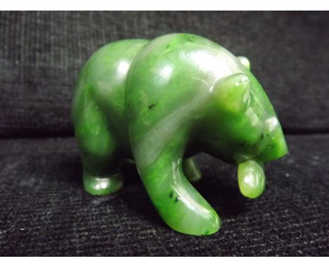 Chinese Spinach / Mottled Jade Hardstone Carving. Bear with a fish in its mouth. Weight - 0.198 kG. Longest point, nose to ta