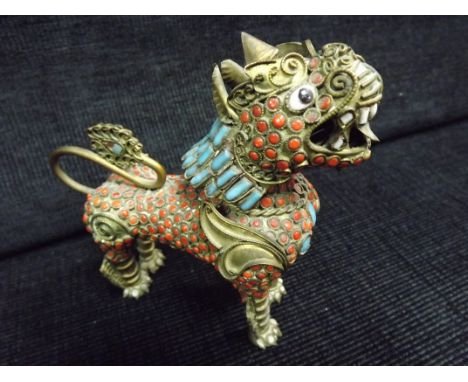 Chinese Gilt Metal and Cloisonne Enamel Qilin Figure. Fine detail, stone or glass eyes. White Teeth and Toes. Removable Head.