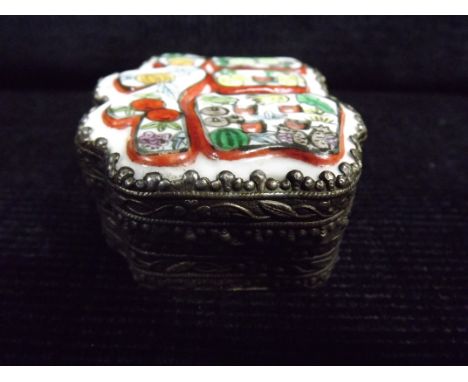 Chinese Silver or White Metal and Cloisonne Enamel Trinket Box. Designed around a Chinese Lucky Symbol for 'Good Fortune'. De