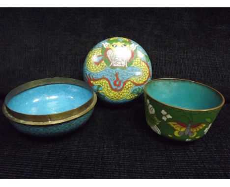 Chinese Cloisonne Enamel Green Butteryfly Cup and Circular Lidded Bowl decorated with an Imperial Five Claw Dragon. Generally