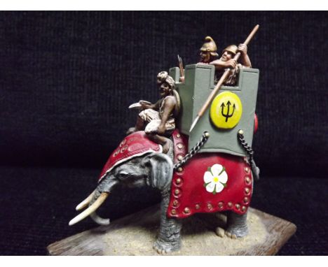 Roman War Elephant Miniature Cast Metal painted figure group. Mounted on to wooden board. Generally very good condition, well