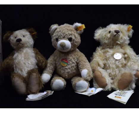 3 x Margarete Steiff German Teddy Bears. 001000 Mohair Classic series Bear with brown arms, legs and ears. Cream body and leg