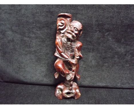 Chinese - Li Tieguai Carved Hardwood Lamp Base. The Taoist Immortal in his thin form with Ribs protruding. Bone teeth. Wood s