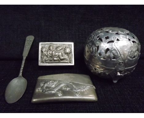 4 x Silver Metal Asian Art items. Chinese Spoon likely Silver with Character marks. White Metal circular Cricket Cage, likely