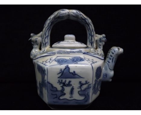 中国青花茶壶 Chinese Blue & White Teapot. Lakeside Mountains scene in panels, Cockrell handles, side panels of foliage, Spout is Dr