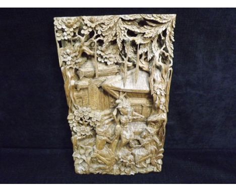 Chinese Sino Tibetian Thailand / Balinese style Carved Wooden Panel. Intricately carved depicting a man offering a ring to a 