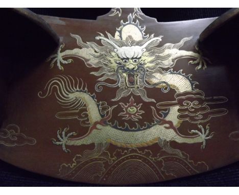 Chinese Wall Mounted Display Stand. Imperial Dragon chasing Pearl, above the waves, with occasional clouds. Overlooked by a P