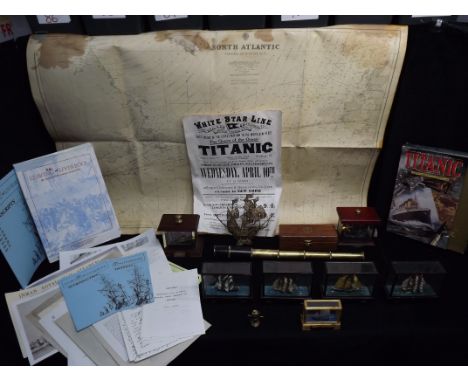 Martime Shipping collection. Vintage re-print of the White Star Line Titanic Poster with some foxing, 7 x Miniature Ships in 