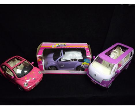 3 x Barbie Volkswagen Vehicles. Campervan / Bus and 2 x Beetles, one cabriolet or convertible and RC Remote control. Playworn