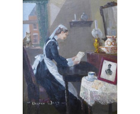 Vernon Ward (1905-1985), a pair of oils, one depicting a maid reading a letter from her Boer War soldier boyfriend (the text 