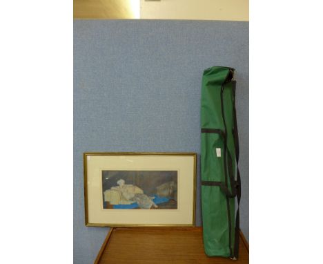 A Sir William Russell Flint print and an easel 