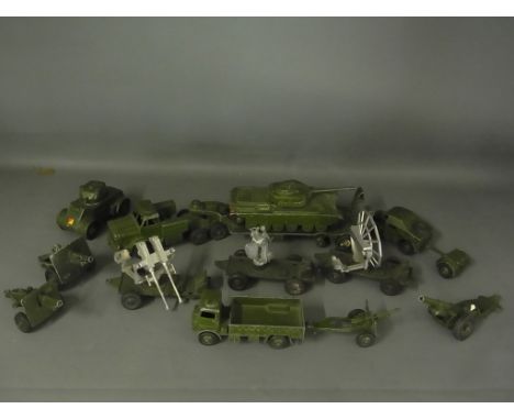 An unboxed Dinky Supertoys tank transporter with centurion tank, Army wagon 623, Field Artillery tractor 638, trailer, field 