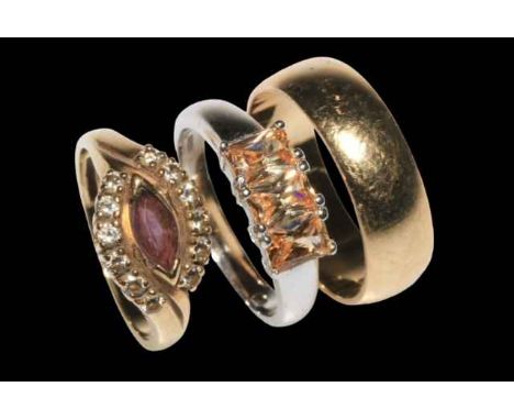 9 carat gold wedding band ring, size U, 9 carat gold gem set ring, and silver ring (3).