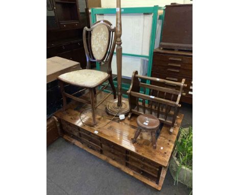 Low multi-drawer storage centre table, Edwardian mahogany occasional chair, standard lamp and shade, magazine rack and milkin