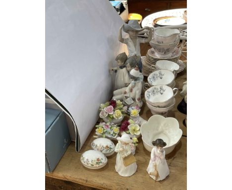 Collection of three Nao figurines, two Royal Doulton figures, Foley teawares, collectors plates, wedgwood etc.