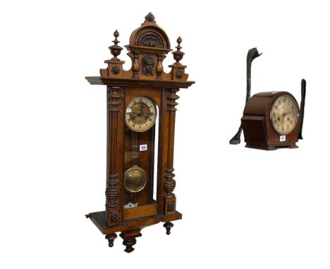 Victorian walnut Vienna style wall clock and 1930's mahogany mantel clock (2).