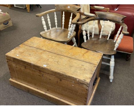 Pair part painted Captains chairs and pine trunk (3).