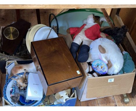 Collection of teddy bears, metalwares, mantel clock, humidor, figurines, fox stirrup cup etc.