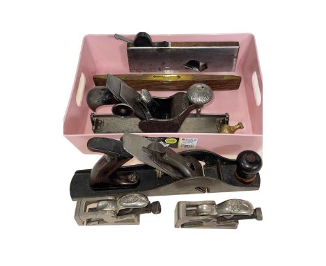 Box of vintage tools including five planes, level, etc.