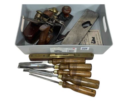 Box of vintage tools including three planes, chisels, etc.