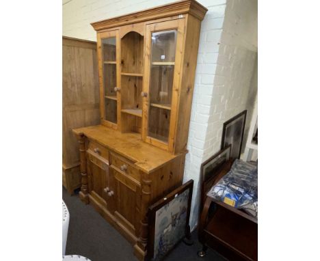 Pine glazed door top dresser and needlework panel fire screen (2).