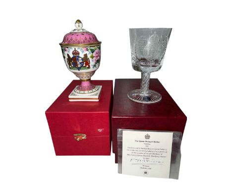 Spode lidded jar celebrating HM QEII birthday 1990 and a Queen Mother's goblet number 100, both with boxes.