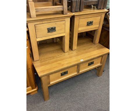 Light oak two drawer low centre table and pair matching single drawer lamp tables (3).