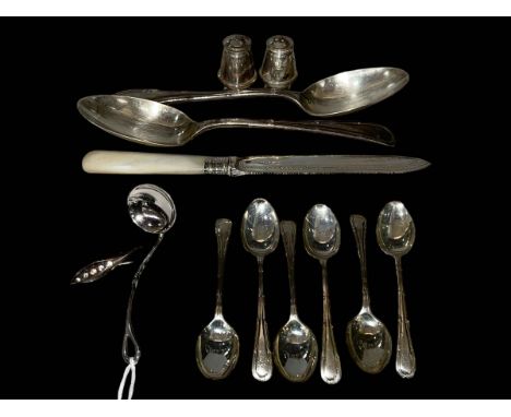 Pair silver tablespoons, six silver teaspoons, small silver ladle, cake knife, cruet and brooch.