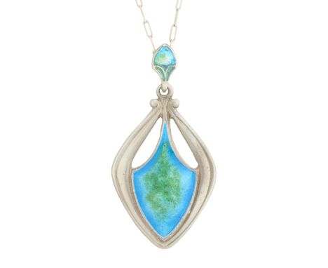 John Baker Bennett, an Arts & Crafts silver and enamel pendant, suspended from a later chain, maker's marks for John Baker Be