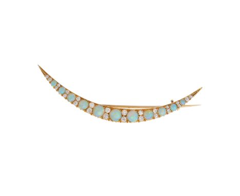 A fine and large, late Victorian gold, opal cabochon and old-cut diamond crescent brooch, estimated total diamond weight 1ct,
