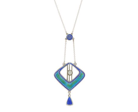 Charles Horner, an Art Nouveau silver, polychrome enamel and mother-of-pearl openwork pendant, suspended from a later, integr