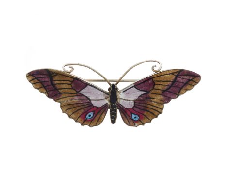 Thomas Lyster Mott, an Art Nouveau silver and polychrome enamel butterfly brooch, maker's marks for Thomas Lyster Mott, hallm