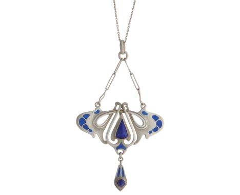 A Jugendstil silver, blue enamel and lapis lazuli cabochon openwork pendant, suspended from a later chain, stamped DEPOSE STE