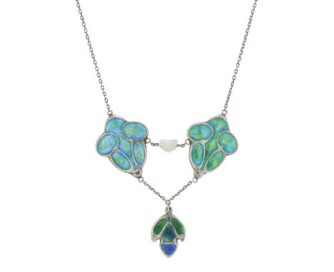 Archibald Knox for Liberty & Co. (attributed), an Arts & Crafts silver, polychrome enamel and baroque pearl necklace, double 