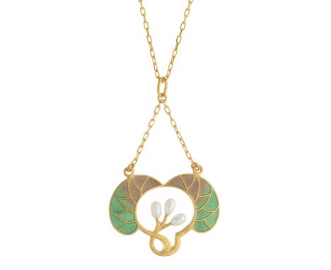 Heinrich Levinger, a Jugendstil silver gilt, pearl and polychrome enamel foliate necklace, with later, integral trace-link ch