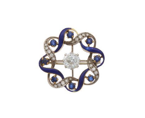 An Edwardian old-cut diamond and blue enamel openwork brooch, with single-cut diamond and sapphire scrolling surround, estima