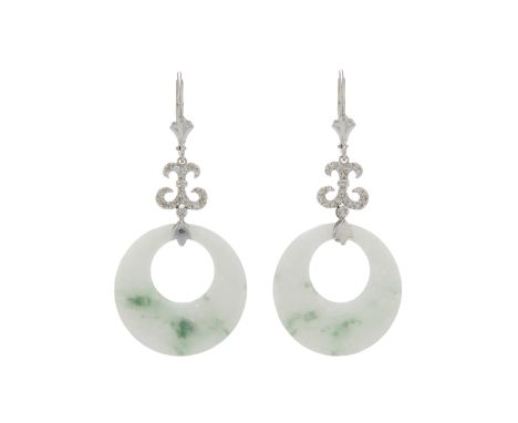 A pair of 18ct gold jade disc drop earrings, with single-cut diamond scrolling surmount and hinged hook fittings, estimated t