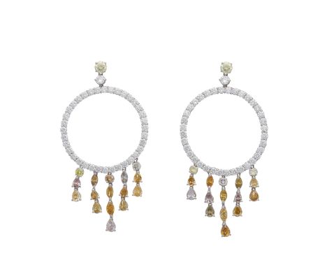 A pair of 18ct gold diamond and fancy coloured diamond chandelier drop earrings, estimated total diamond weight 14ct, estimat